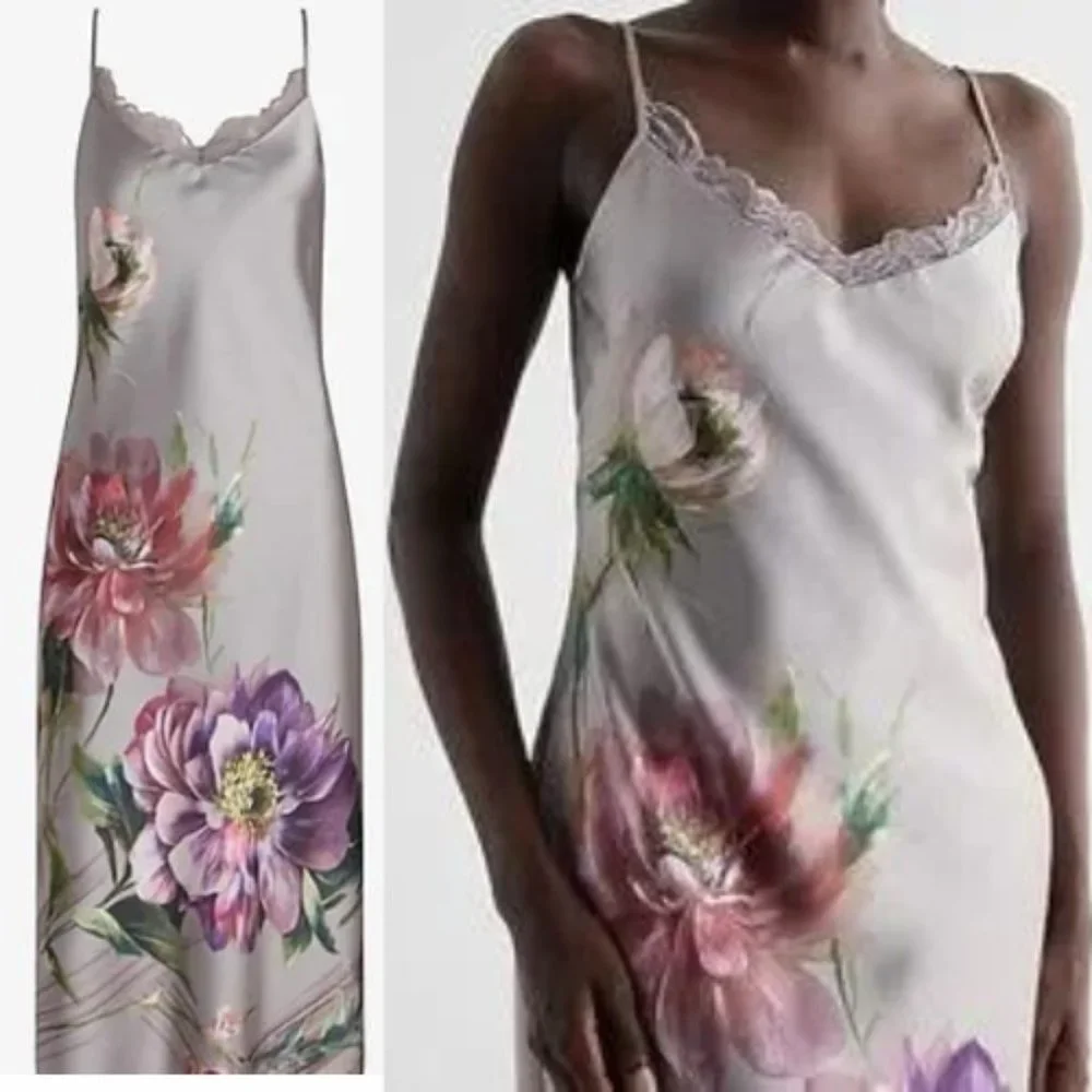 New! Express Floral Satin Gray Lace Midi Dress nwt 30948